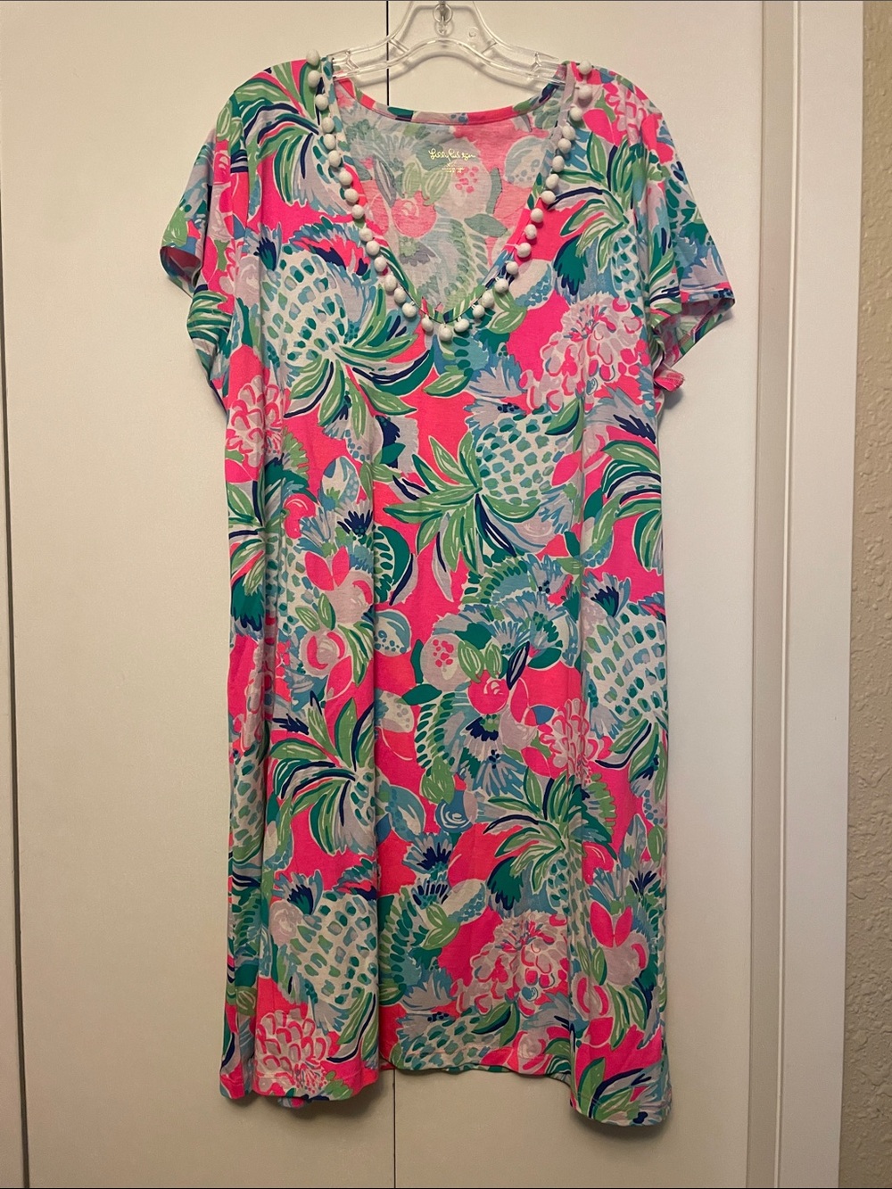 Lilly Pulitzer Pink and Green Floral Midi Dress with Bead Trim